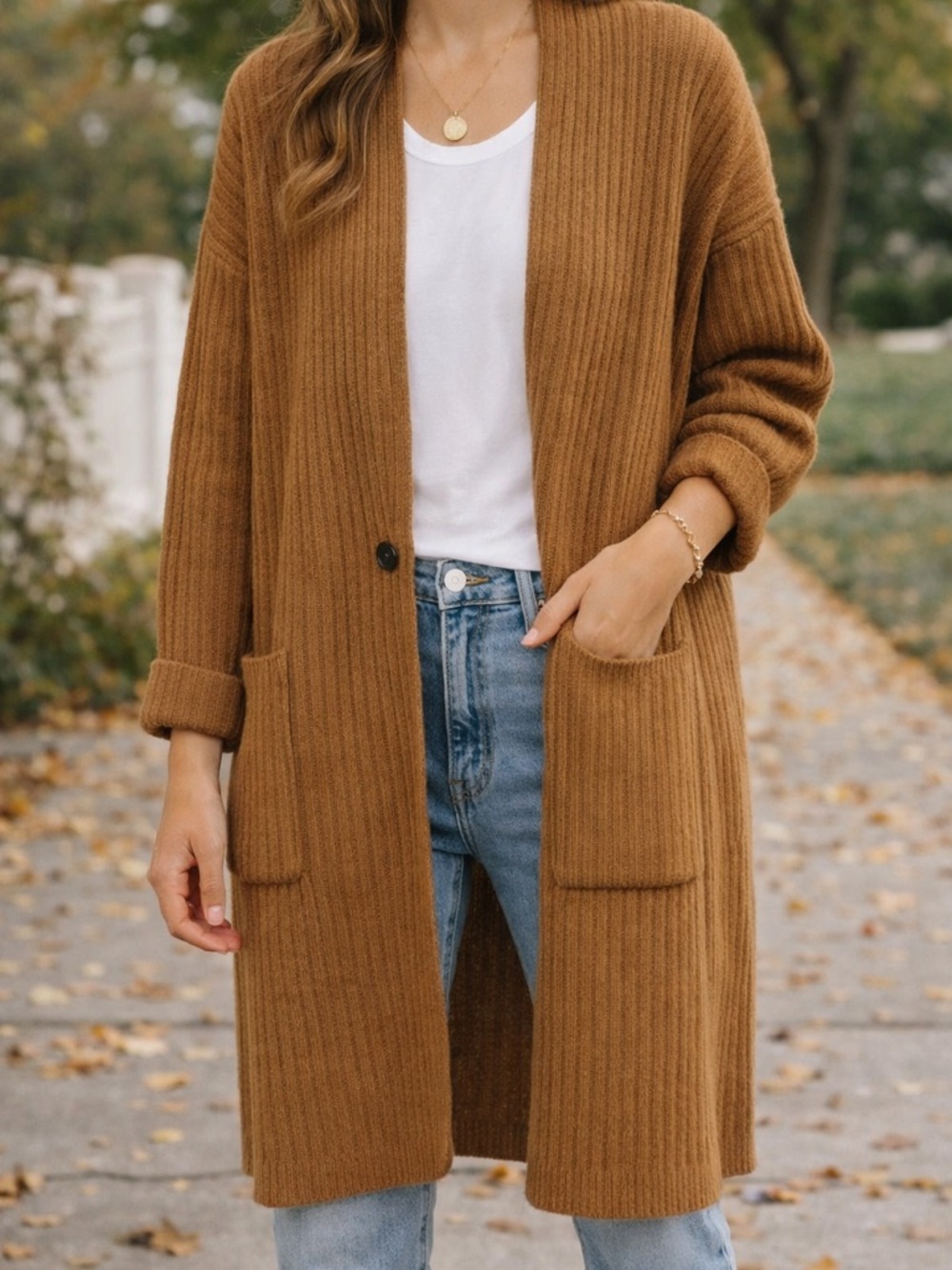 Uniqlo Brown Ribbed Long Cardigan Wool Blend Cozy Open Front Small